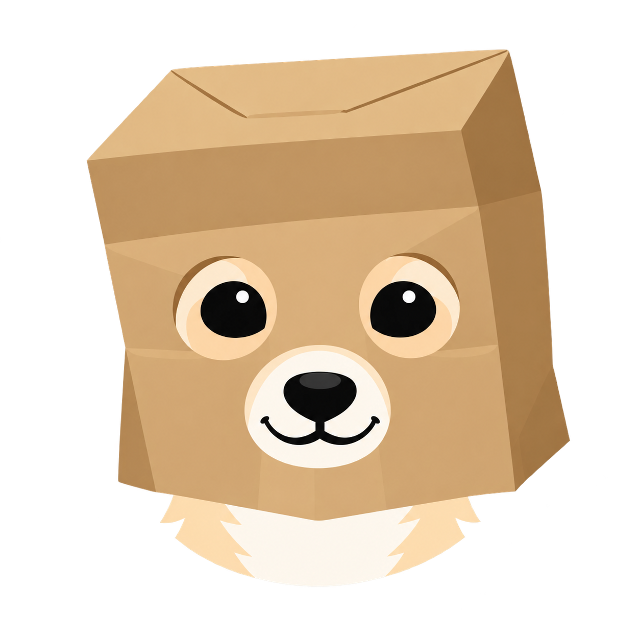 A smiling character wearing a folded paper bag and a white jacket